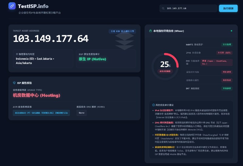 查询双ISP以及本地环境伪装度   